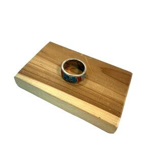 Vintage Western Style Silver Turquoise & Red Coral Womens Band Ring Size 5